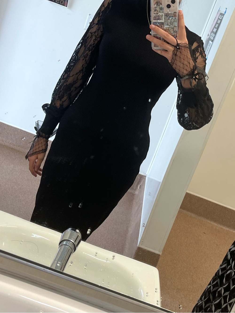 Black Lace-Sleeve Maxi Dress - Elegant Evening Style